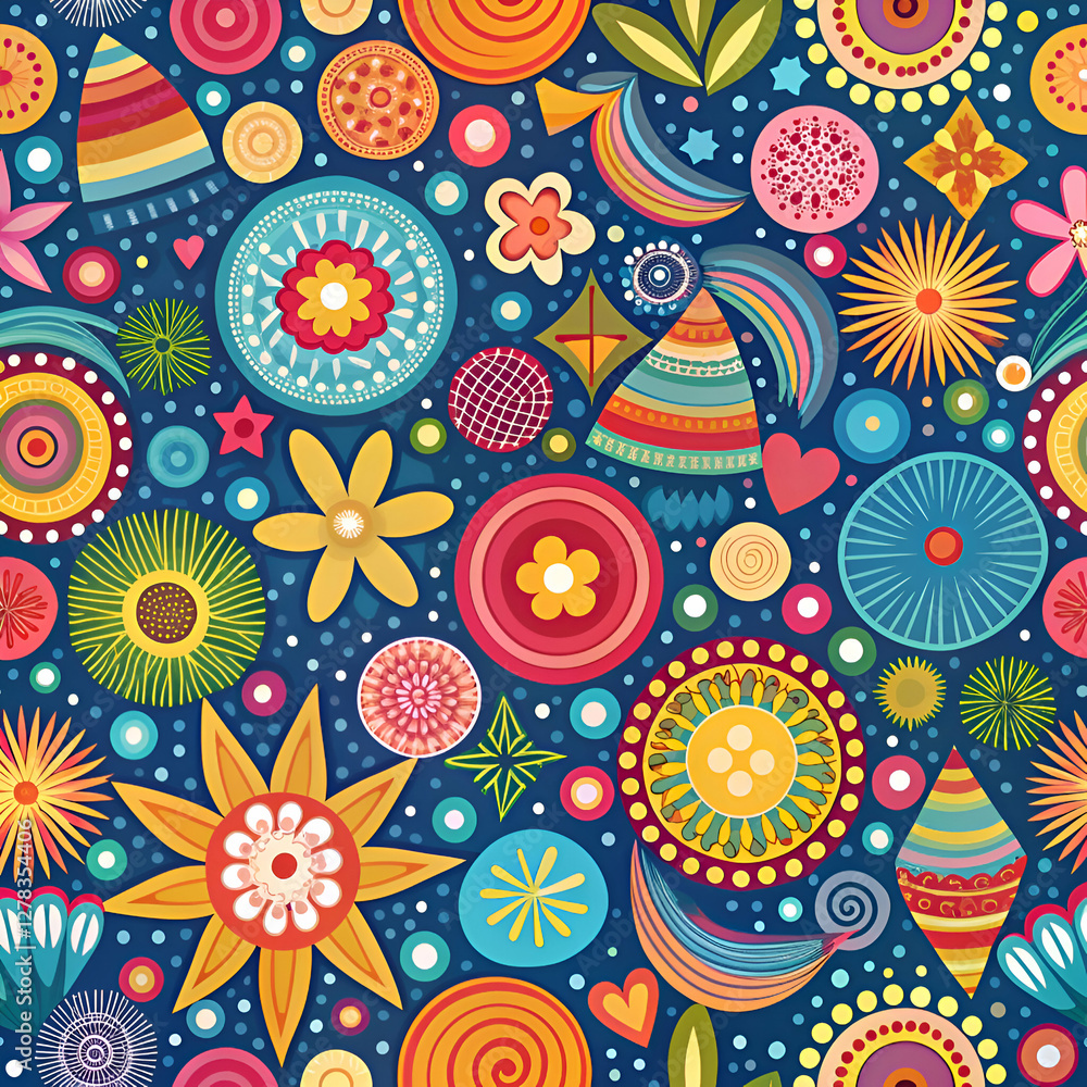 Fototapeta premium Colorful Abstract Floral Pattern. Vibrant Geometric Shapes & Seamless Design