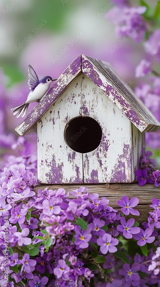 Bird at Purple Painted Birdhouse in Garden Bird at Purple Painted Birdhouse in Garden