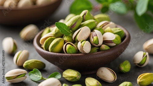 Wallpaper Mural Freshly harvested pistachios in a rustic bowl showcasing vibrant green colors, perfect for culinary creations and desserts. Torontodigital.ca
