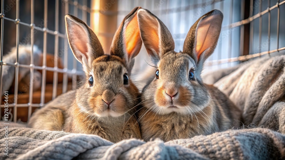 Fototapeta premium Two Adorable Gray and Brown Rabbits Huddled Together in a Cozy Cage