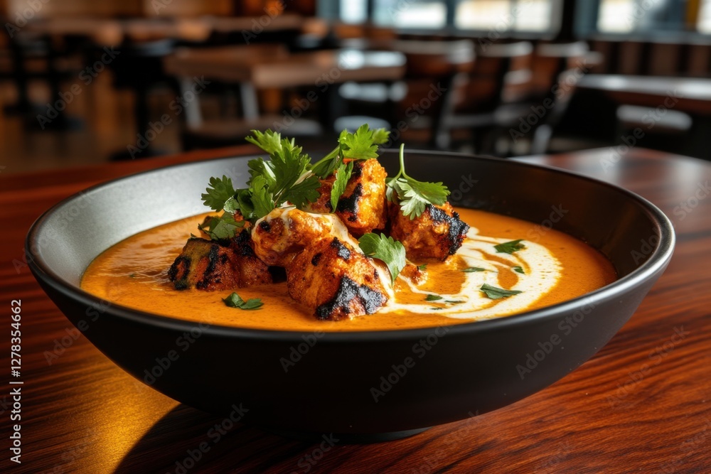Creamy chicken tikka masala in black bowl