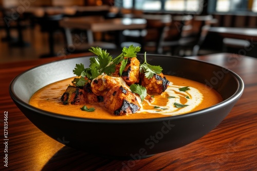 Obraz na płótnie Creamy chicken tikka masala in black bowl w salonie
