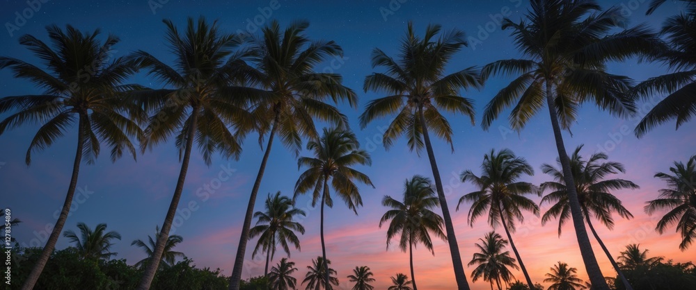Coconut Palm Trees Silhouetted Against a Colorful Twilight Sky at Dusk Coconut Palm Trees Silhouetted Against a Colorful Twilight Sky at Dusk