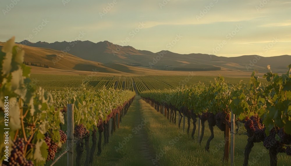 Naklejka premium Vineyard Rows at Sunset Lush Green Vines and Ripe Purple Grapes, Rolling Hills Background