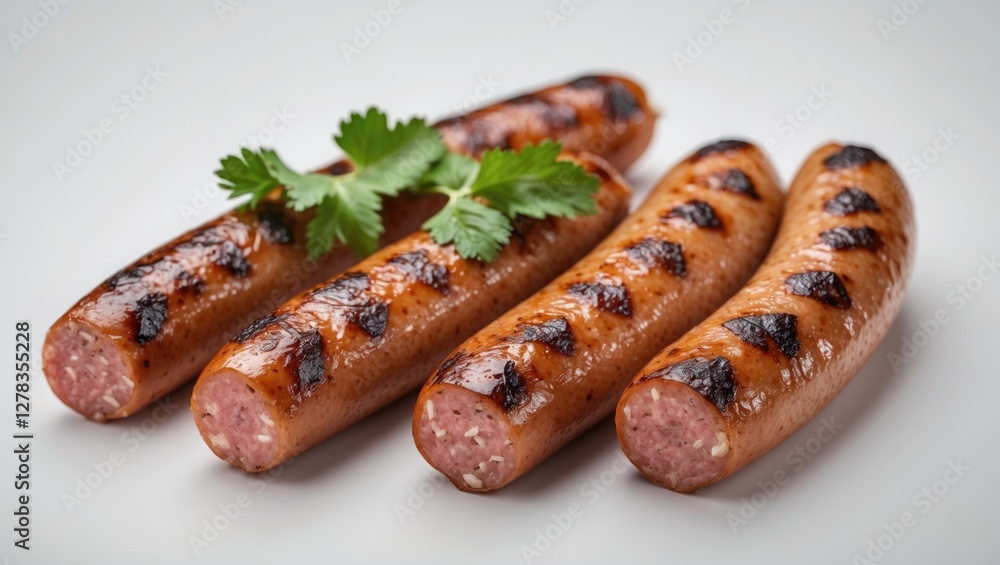 Grilled Sausages on a White Background with Fresh Herbs and Copy Space for Culinary Promotions or Recipes Grilled Sausages on a White Background with Fresh Herbs and Copy Space for Culinary Promotions or Recipes