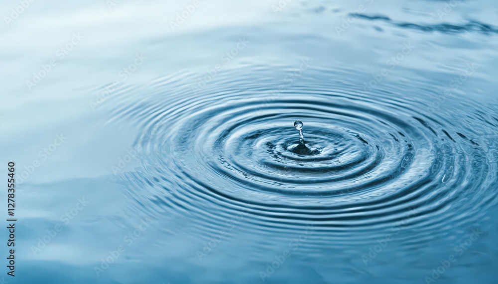 Water Droplet Impacting Calm Blue Water Surface Creating Concentric Ripples Water Droplet Impacting Calm Blue Water Surface Creating Concentric Ripples