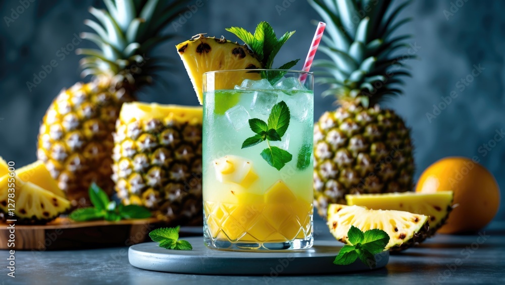 Refreshing Pineapple Mint Cocktail Served In Glass With Fresh Pineapples And Mint Leaves On Gray Table Background Refreshing Pineapple Mint Cocktail Served In Glass With Fresh Pineapples And Mint Leaves On Gray Table Background