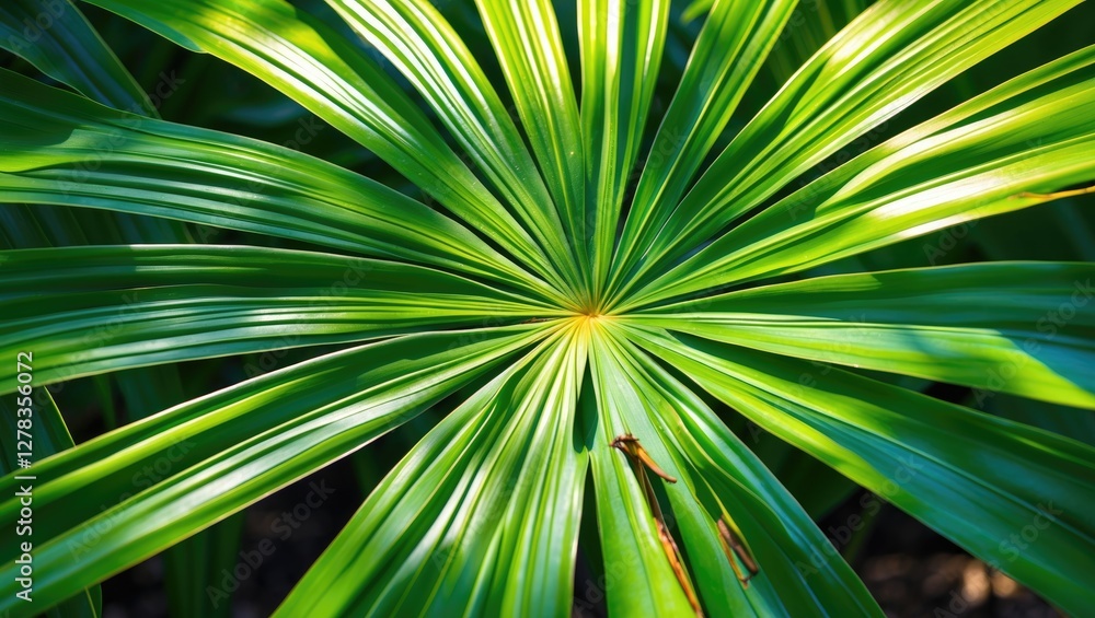 Vibrant Close-Up of Palm Leaf Texture with Sunlight Effects Highlighting Natural Greenery and Contrast in a Tropical Setting Vibrant Close-Up of Palm Leaf Texture with Sunlight Effects Highlighting Natural Greenery and Contrast in a Tropical Setting