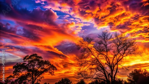 Vibrant Sunset Silhouette: Wispy Clouds and Trees