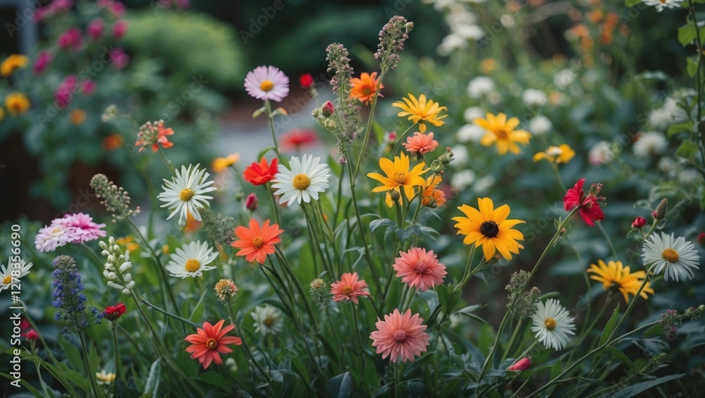 Vibrant Blooming Flowers in Garden Setting with Natural Background and Space for Text Insertions Vibrant Blooming Flowers in Garden Setting with Natural Background and Space for Text Insertions