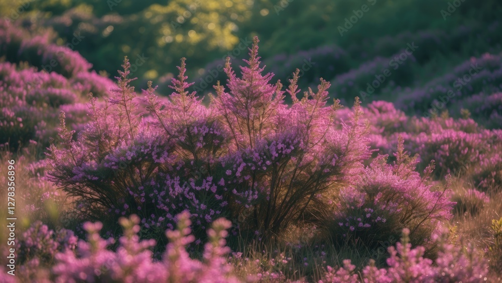 Obraz premium Blooming Heather in Summer Field with Vibrant Pink Blooms and Soft Natural Background Ideal for Text Overlay
