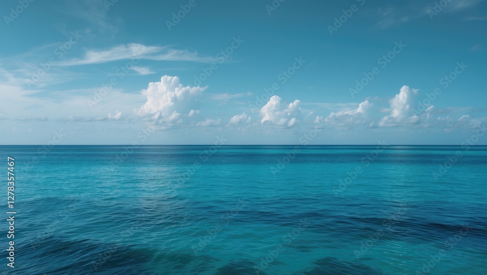 Tranquil deep blue tropical ocean under a clear sky with soft clouds providing ample space for text or creative designs. Tranquil deep blue tropical ocean under a clear sky with soft clouds providing ample space for text or creative designs.