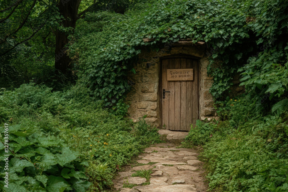 Fototapeta premium Hidden Stone Doorway Concealed in Lush Green Foliage