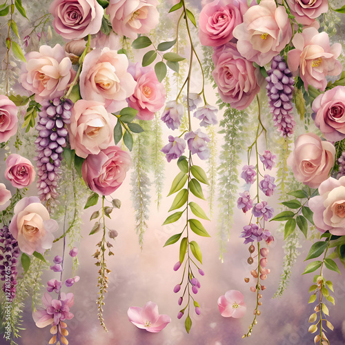 Pink Roses and Floral Arrangement. Delicate Hanging Flowers