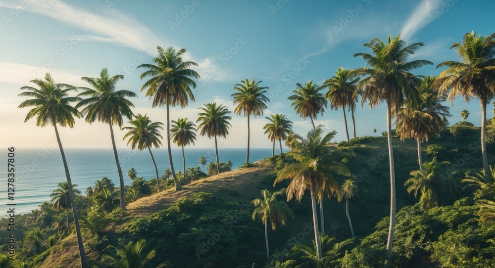Obraz premium Lush Palm Trees on a Scenic Hill Overlooking the Ocean with Generous Space for Text and Background Use
