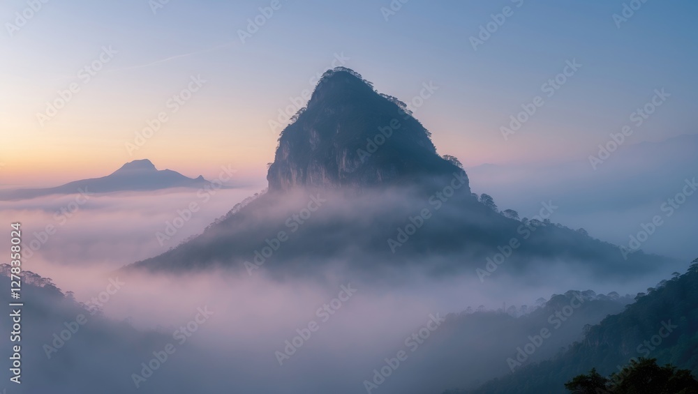 Misty morning view of a uniquely shaped mountain resembling an inverted boat surrounded by clouds in a serene landscape. Misty morning view of a uniquely shaped mountain resembling an inverted boat surrounded by clouds in a serene landscape.