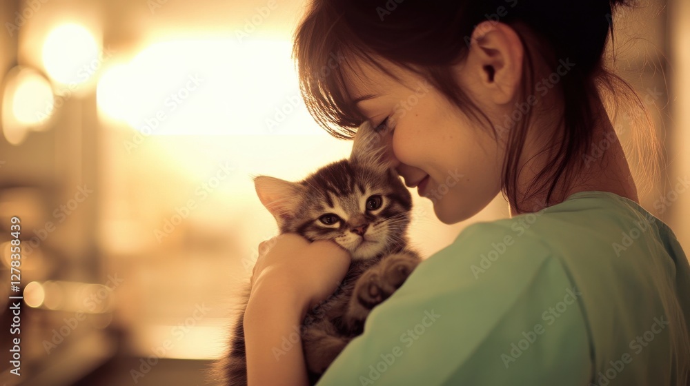 Young Woman Embracing Cute Cat with Warm Smile in Soft Light Young Woman Embracing Cute Cat with Warm Smile in Soft Light