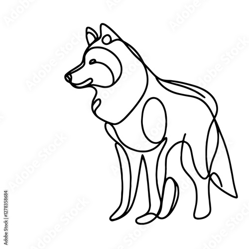 Wolf in One Continuous Line, Standing in Profile with Head Turned Left, Abstract Image of Animal