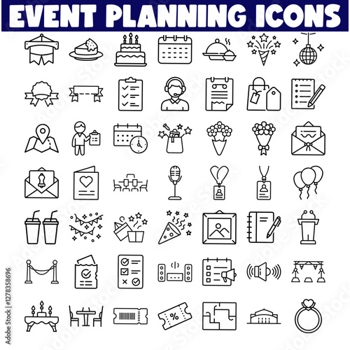 Event Planning Icons Checklist, Calendar, Party, Celebration, Venue, Decorations, Catering