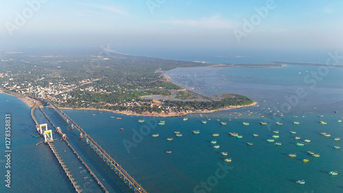 Wallpaper Mural High-angle drone shot capturing the Pamban Railway Bridge with its stunning double-leaf bascule section, allowing ships to pass beneath. Torontodigital.ca