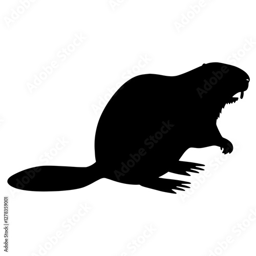 Silhouette of a beaver with a flat tail and large front teeth, in profile, highlighting its unique body structure and industrious nature.
