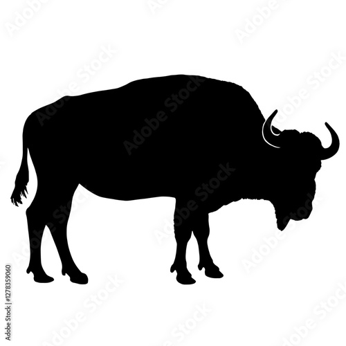 Silhouette of a buffalo or bison with massive horns, depicted in profile, symbolizing strength, power, and the wild American frontier.