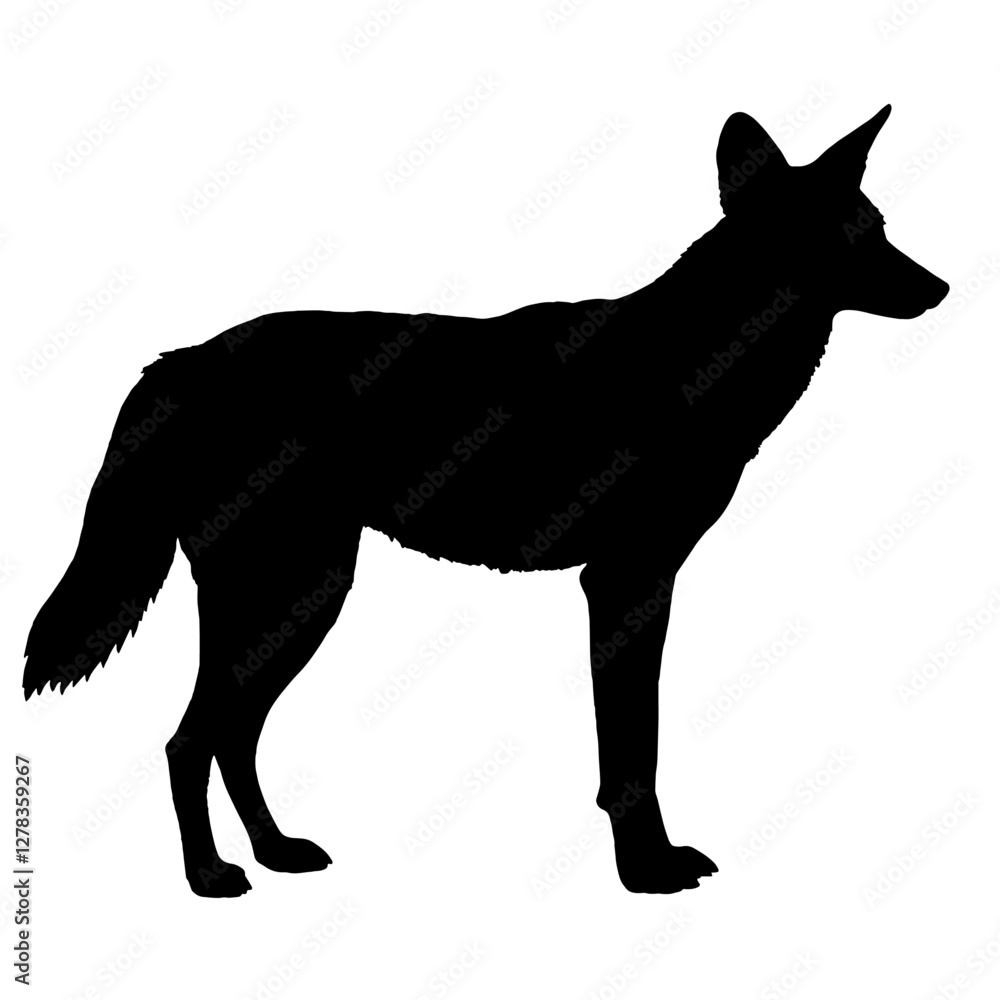 Silhouette of a coyote, resembling a dog or wolf, with pointed ears and a fluffy tail, standing in profile facing right, symbolizing wild nature, freedom, and adaptability. Silhouette of a coyote, resembling a dog or wolf, with pointed ears and a fluffy tail, standing in profile facing right, symbolizing wild nature, freedom, and adaptability.