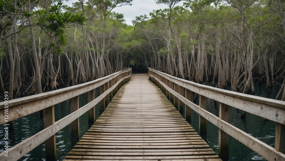 Fototapeta premium Wooden Bridge Leading Through Serene Mangrove Forest Nature Trail with Lush Greenery and Reflective Water Surface Ideal for Text Overlay