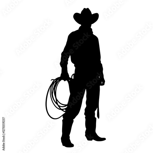 Silhouette of a cowboy in a wide-brimmed hat, standing upright holding a lasso, wearing characteristic cowboy attire, including boots and a bandana, rugged outdoor life and the spirit of the wild west