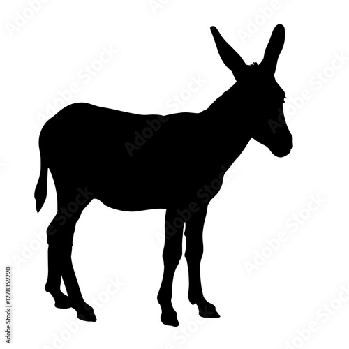 Silhouette of a donkey standing in profile, with long ears and tail, on a white background, representing strength, simplicity, and the hardworking nature of animals.