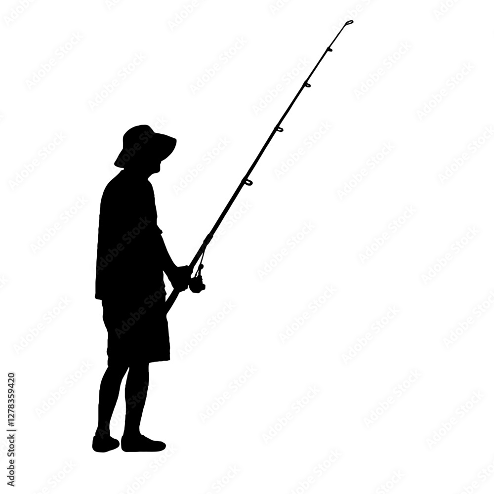 Silhouette of a person standing with a fishing rod, dressed in a t-shirt, shorts, and a hat, casting the line upwards, representing the calmness, patience, and joy of fishing in nature. Silhouette of a person standing with a fishing rod, dressed in a t-shirt, shorts, and a hat, casting the line upwards, representing the calmness, patience, and joy of fishing in nature.