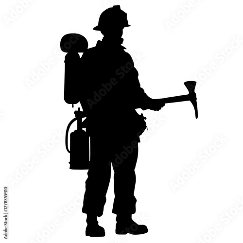 Silhouette of a firefighter in uniform, holding an axe, with an oxygen tank on his back, symbolizing courage, strength, and the heroic profession of firefighting. miner