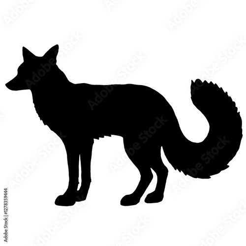 Silhouette of a fox standing in profile with a bushy tail, pointed ears, and slender body, set against a white background, symbolizing cunning and agility.