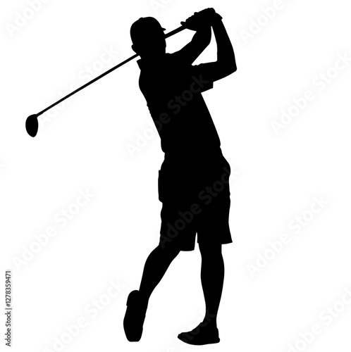 Silhouette of a golfer taking a swing with a raised club after a shot, dressed in shorts and a t-shirt, captured in profile against a plain background.