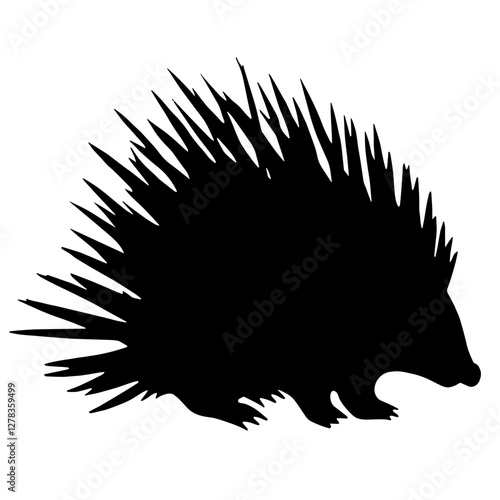 Silhouette of a hedgehog with long spines directed upwards and backwards, resembling a large rodent with short legs and an elongated snout, set against a white background.