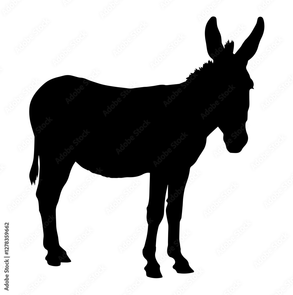 Silhouette of a mule standing in profile, showcasing its distinctive long ears and tail, symbolizing strength, endurance, and the hybrid nature of this domesticated animal Silhouette of a mule standing in profile, showcasing its distinctive long ears and tail, symbolizing strength, endurance, and the hybrid nature of this domesticated animal