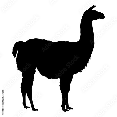 Silhouette of a llama with a long neck and fluffy tail standing gracefully in profile against a serene nature backdrop.

