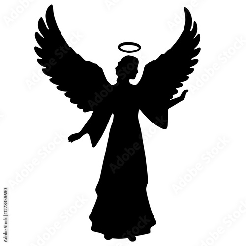 Silhouette of an angel with spread wings and a halo above their head, symbolizing divinity, faith, and heavenly beings in Christianity and other spiritual traditions
