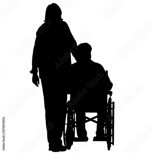 Silhouette of a person in a wheelchair, with another person standing beside them, possibly assisting or providing support, representing the care and compassion in the context of disability support and