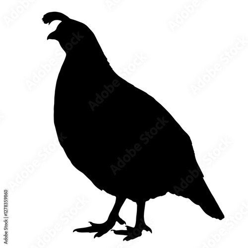 Silhouette of a quail with a tufted crest on its head, standing on two legs with its tail directed downward, symbolizing the small yet resilient nature of game birds.