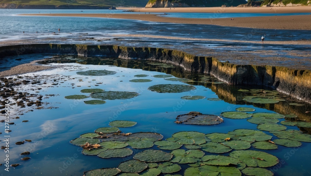 Serene Tidal Pool with Lilypads and Coastal Reflections under Clear Blue Skies Serene Tidal Pool with Lilypads and Coastal Reflections under Clear Blue Skies