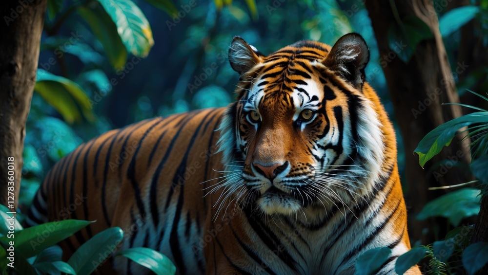 Naklejka premium Majestic Tiger Surrounded By Lush Jungle Foliage With Space For Text Overlay