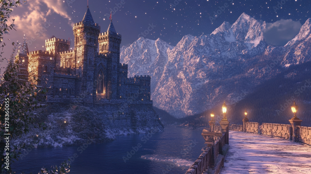 Fototapeta premium Amajesticcastlenestledinasnowymountainrange,illuminatedatnight.