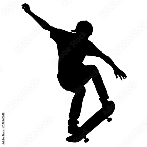 Silhouette of a Skateboarder Performing a Trick, Leaning Forward with Raised Hand and Skateboard in Air. Skating