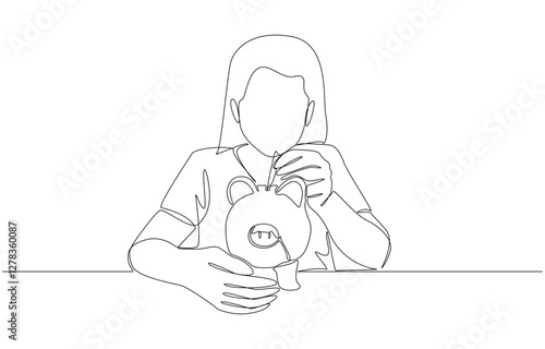 Continuous one line drawing of girl putting banknote into piggy bank, building a habit of saving concept, single line art