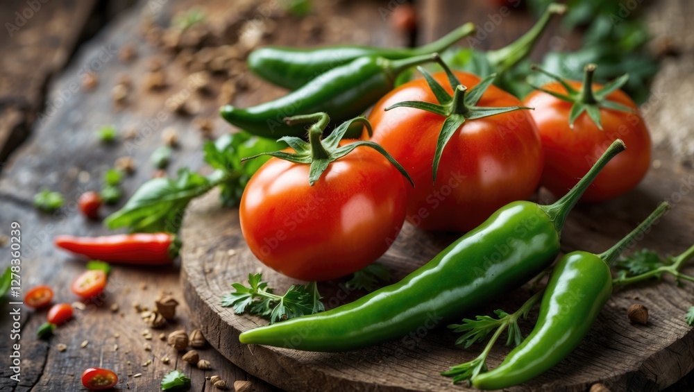 Fresh Red Tomatoes and Green Chilies on Wooden Cutting Board Surrounded by Herbs and Spices for Culinary and Business Use Fresh Red Tomatoes and Green Chilies on Wooden Cutting Board Surrounded by Herbs and Spices for Culinary and Business Use