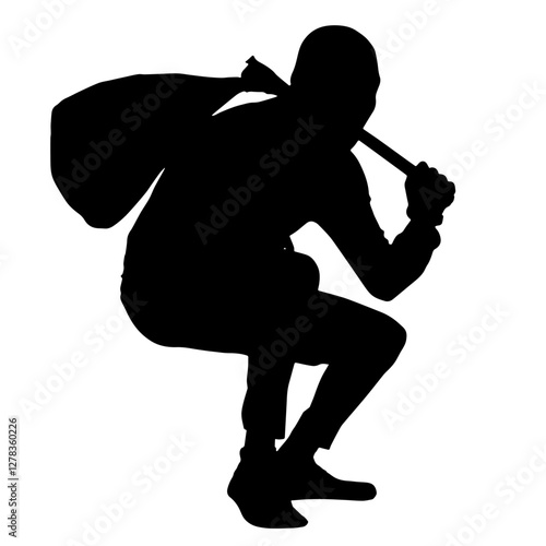 Silhouette of a masked thief carrying a sack, crouching in a stealthy pose, symbolizing crime, mystery, and danger.