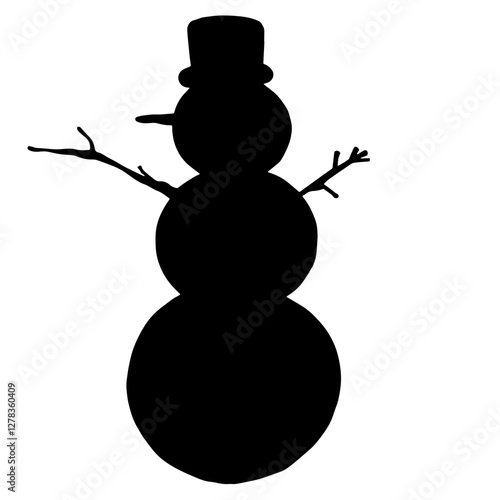  Snowman Silhouette with Three Different Sized Snowballs, Branch Arms, Carrot Nose, and a Cylindrical Hat. Winter and New Year: