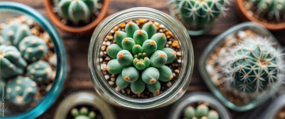 Fototapeta premium Aerial View of Lush Green Cactus Succulent in Clear Jar Surrounded by Various Cacti on Rustic Wooden Surface