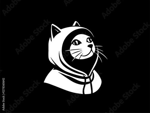 White silhouette of a cat in a hoodie, with a content expression, symbolizing comfort, warmth, and pet style, perfect for casual or cozy-themed designs.


